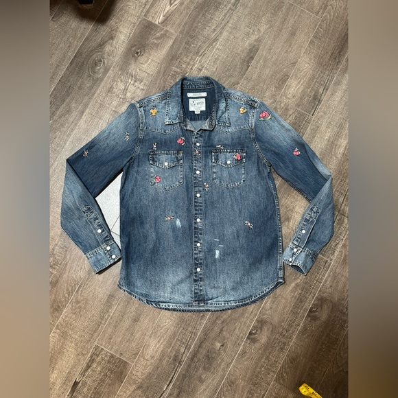 Lucky Brand Floral Embroidery Western Denim Shirt - Picture 1 of 16